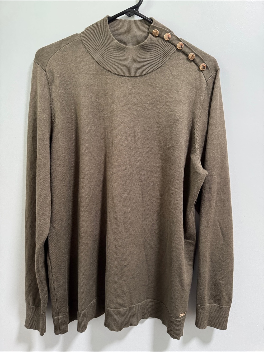 Calvin Klein Olive Green Turtleneck Sweater with Shoulder Buttons